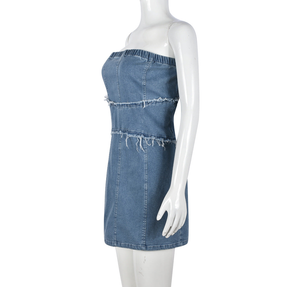 Women summer washed tassel Denim zipper off shoulder dress 5