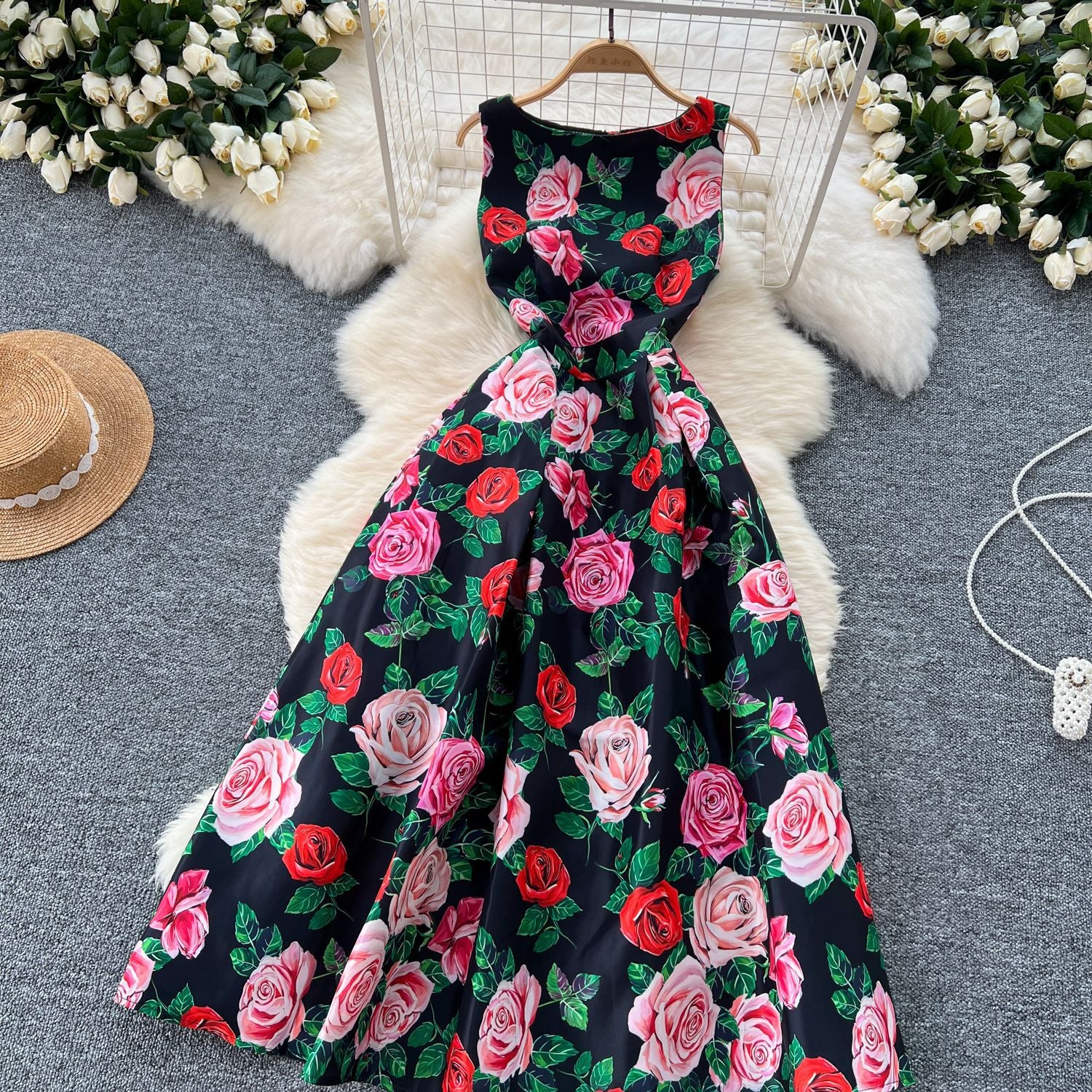 Fashion Printed Round Neck Slim Waist Pleated Flare Sleeveless Mini Dress 36