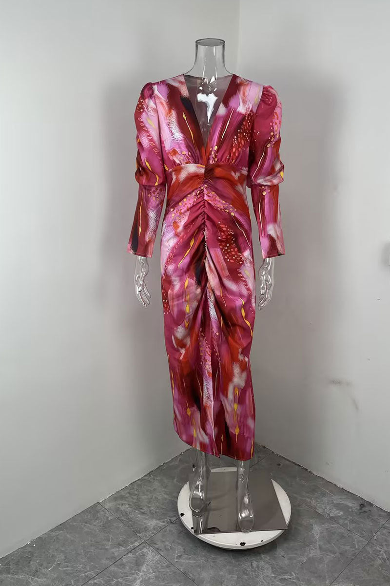 Spring Women's Chic Elegant V-Neck Pleated Slim Waist Dress 5