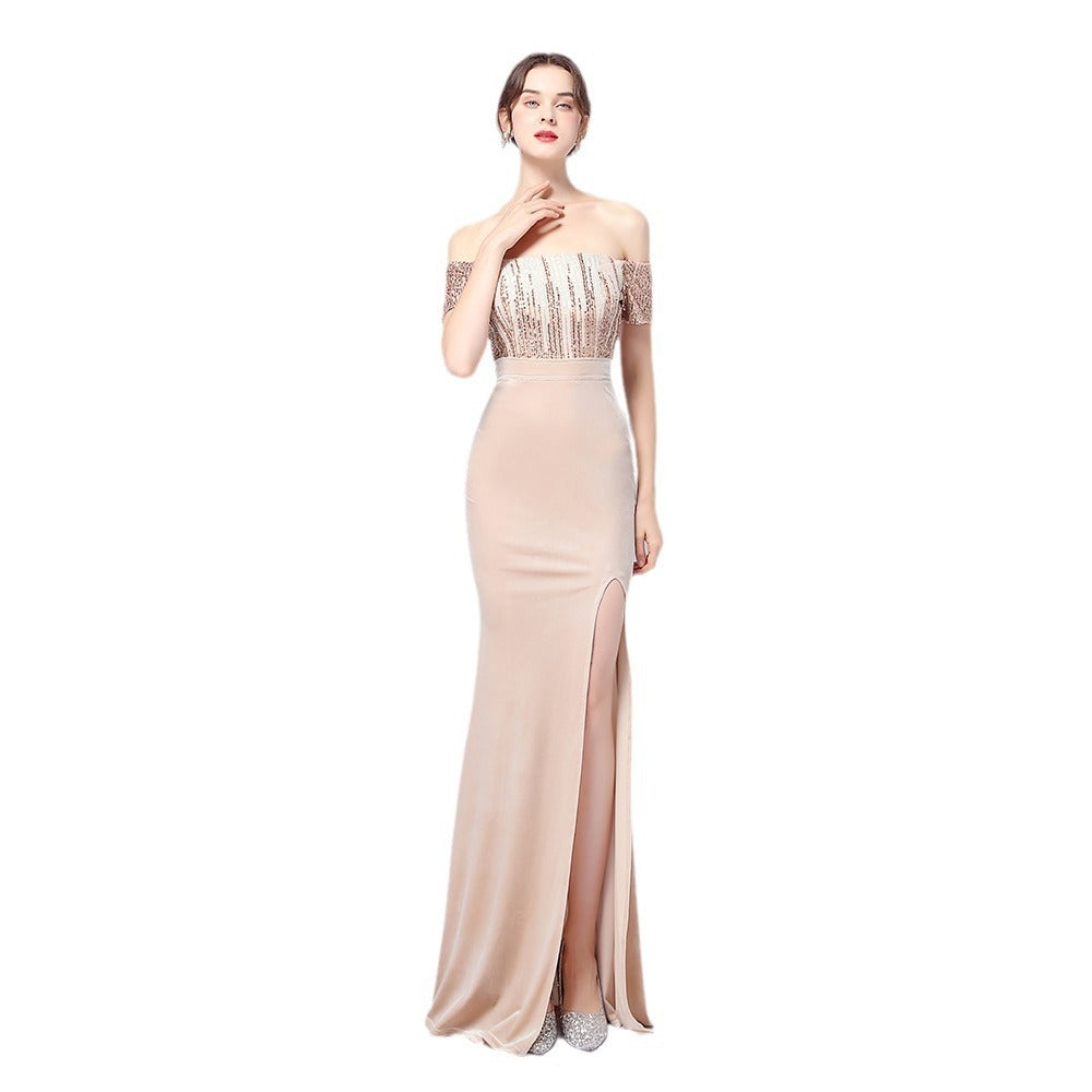 Summer Formal Sequin Upper Off Shoulder Slit Evening Dress 10