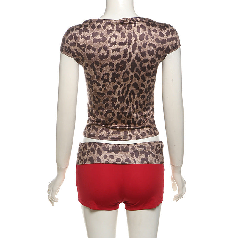 Summer fashion street trend leopard print color matching slim shorts set for women 7