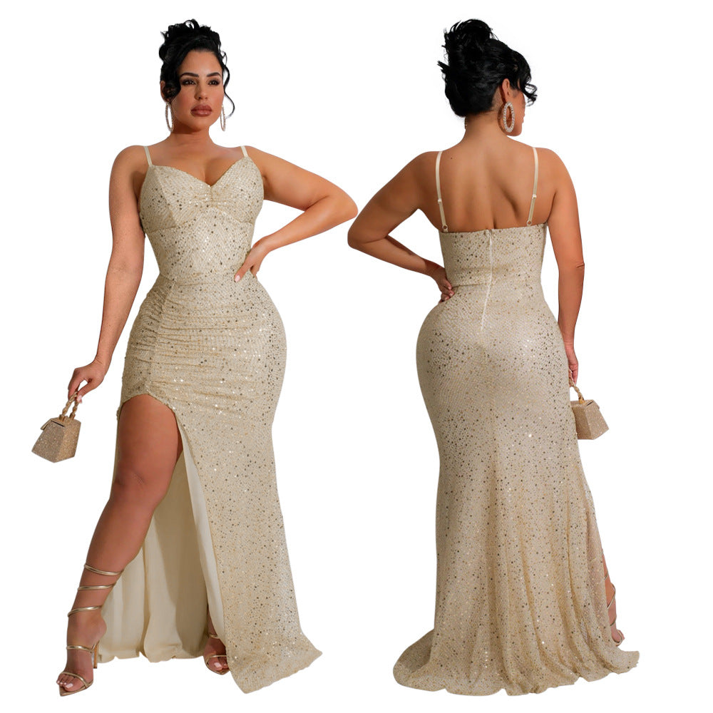 Women Sequined Strap Formal Party Sexy Ball Dress 8