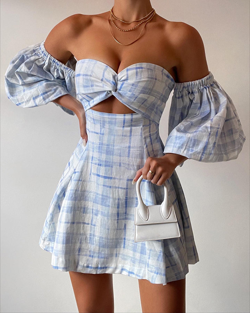Women's Blue Plaid Printed Off Shoulder Casual Loose Dress 5