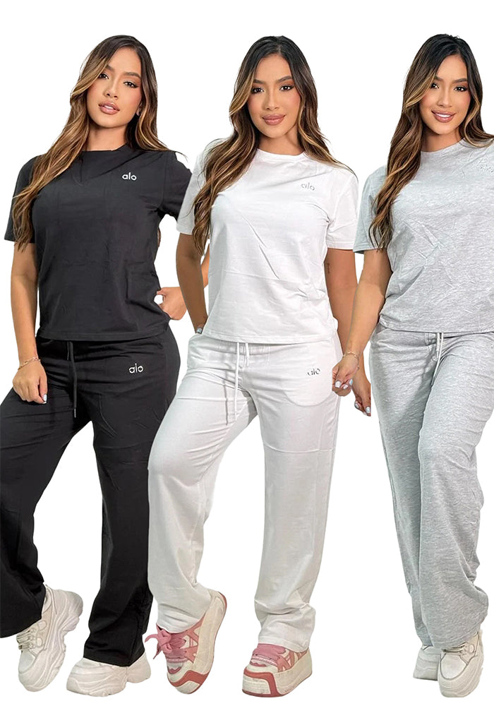 Women's Autumn Fashion Embroidered Casual Cotton Short Sleeve Two Piece Pants Set