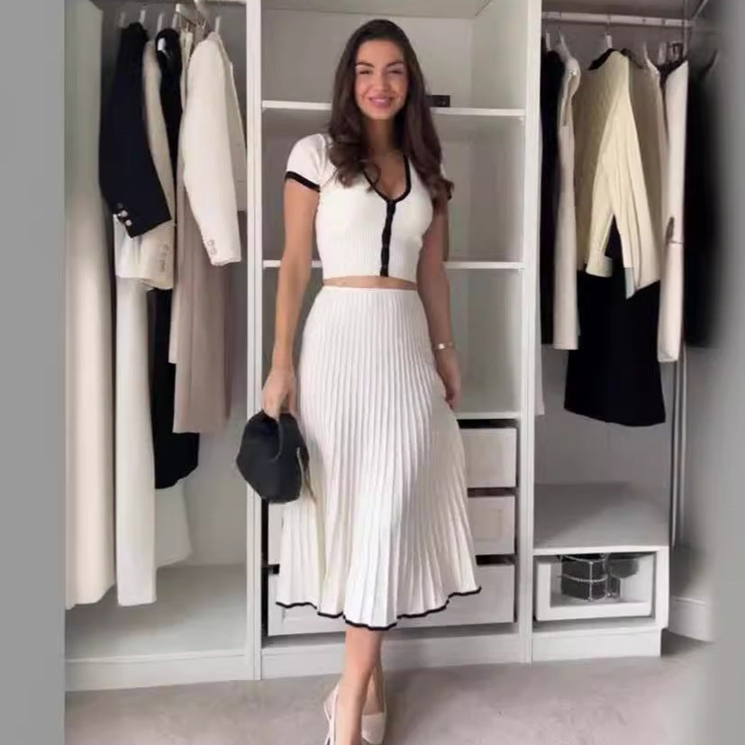 Women Summer Contrast Color Top And Skirt Two-piece Set 5