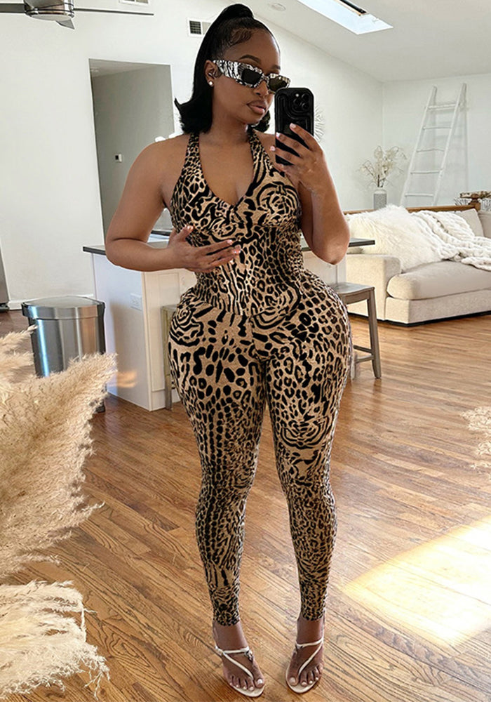 Women's Spring Summer Halter Neck Hollow Low-Back Leopard Print Slim Jumpsuit