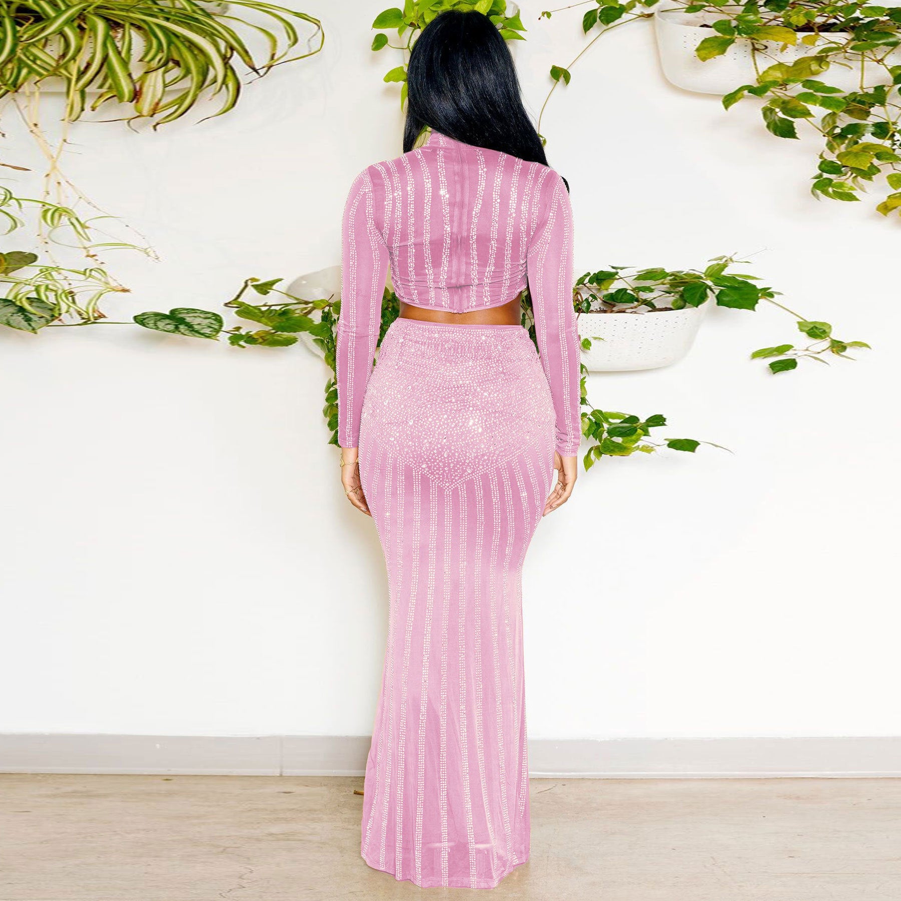 Sexy Beaded Tight Fitting Stretch Long Sleeve Top Bodycon Mermaid Skirt Suit 7