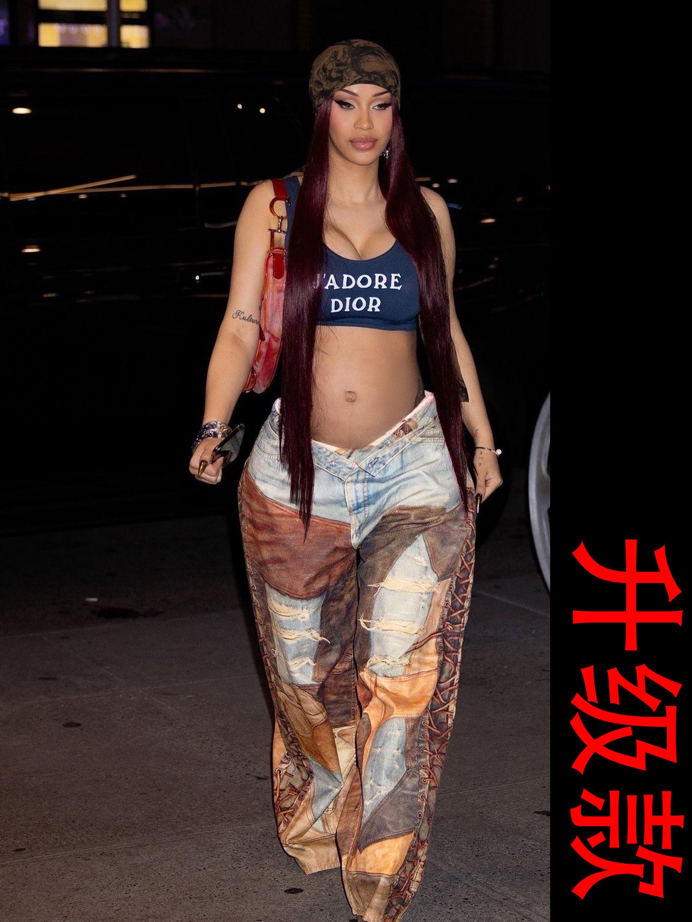 Denim Leather Print Wide-Leg Pants for Women 9