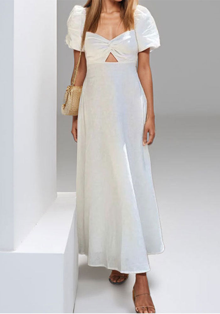 Women summer v-neck pleated short-sleeved hollow dress