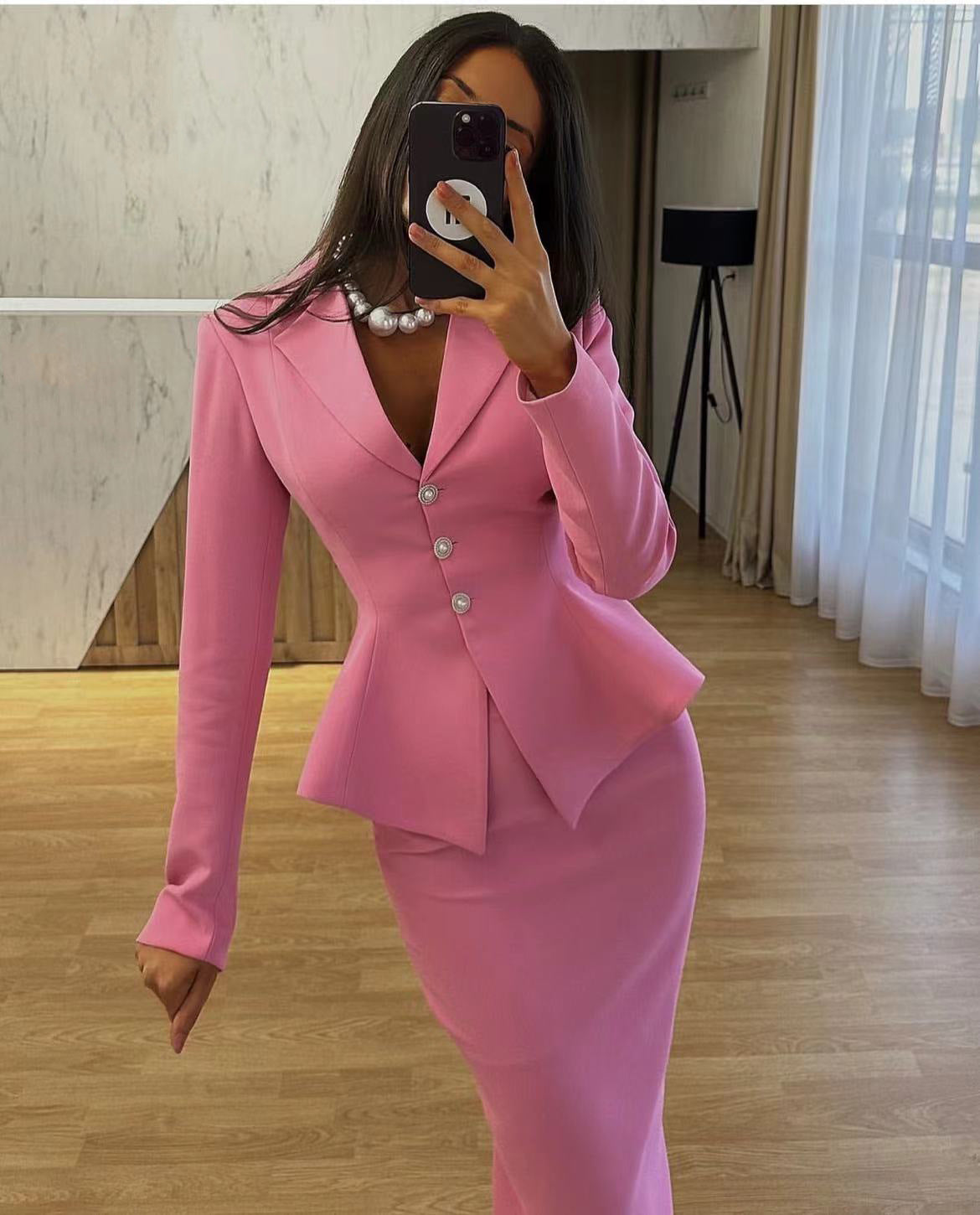 Autumn Women Turndown Collar Single-Breasted Slim Fit Coat + Mid-Length Skirt Set