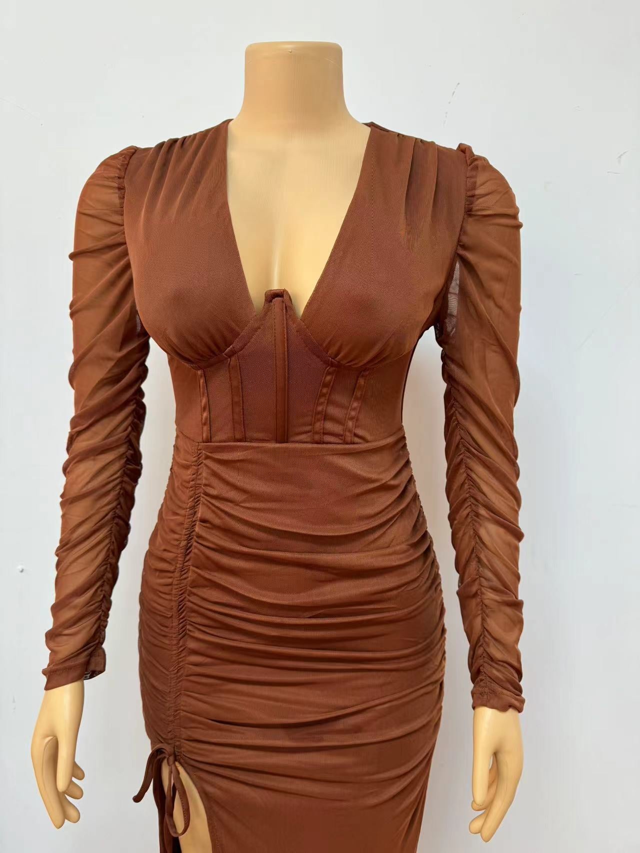 Women V Neck Long Sleeve Bodycon Sexy Slit Dress 10