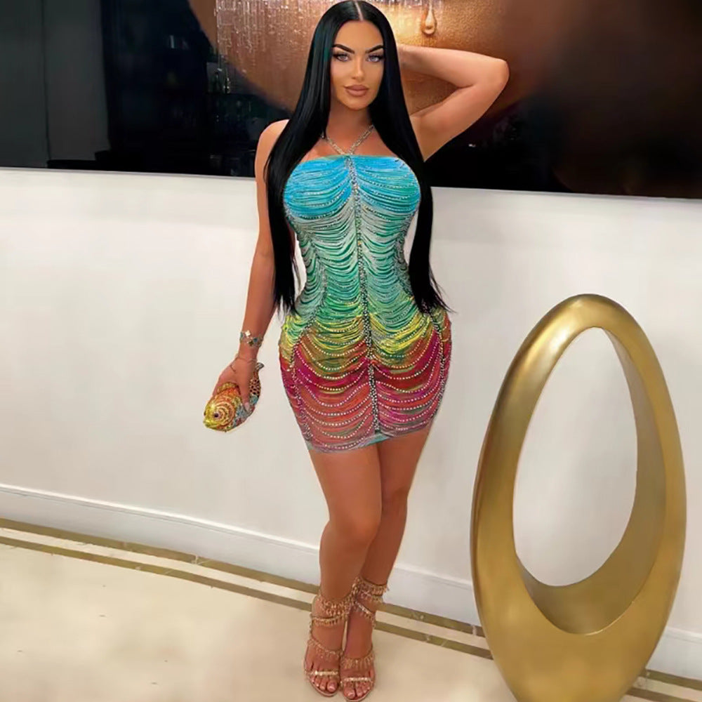 Sexy Straps Beaded Bodycon Slim Women Fashion Casual Party Dress 7