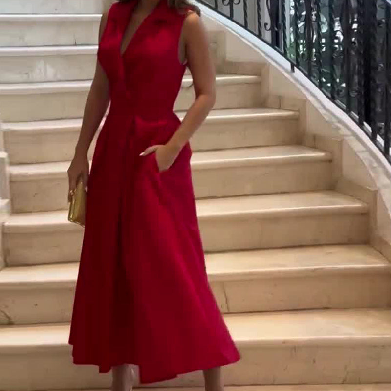 Women Autumn Solid Turndown Collar Pleated Sleeveless Dress 4