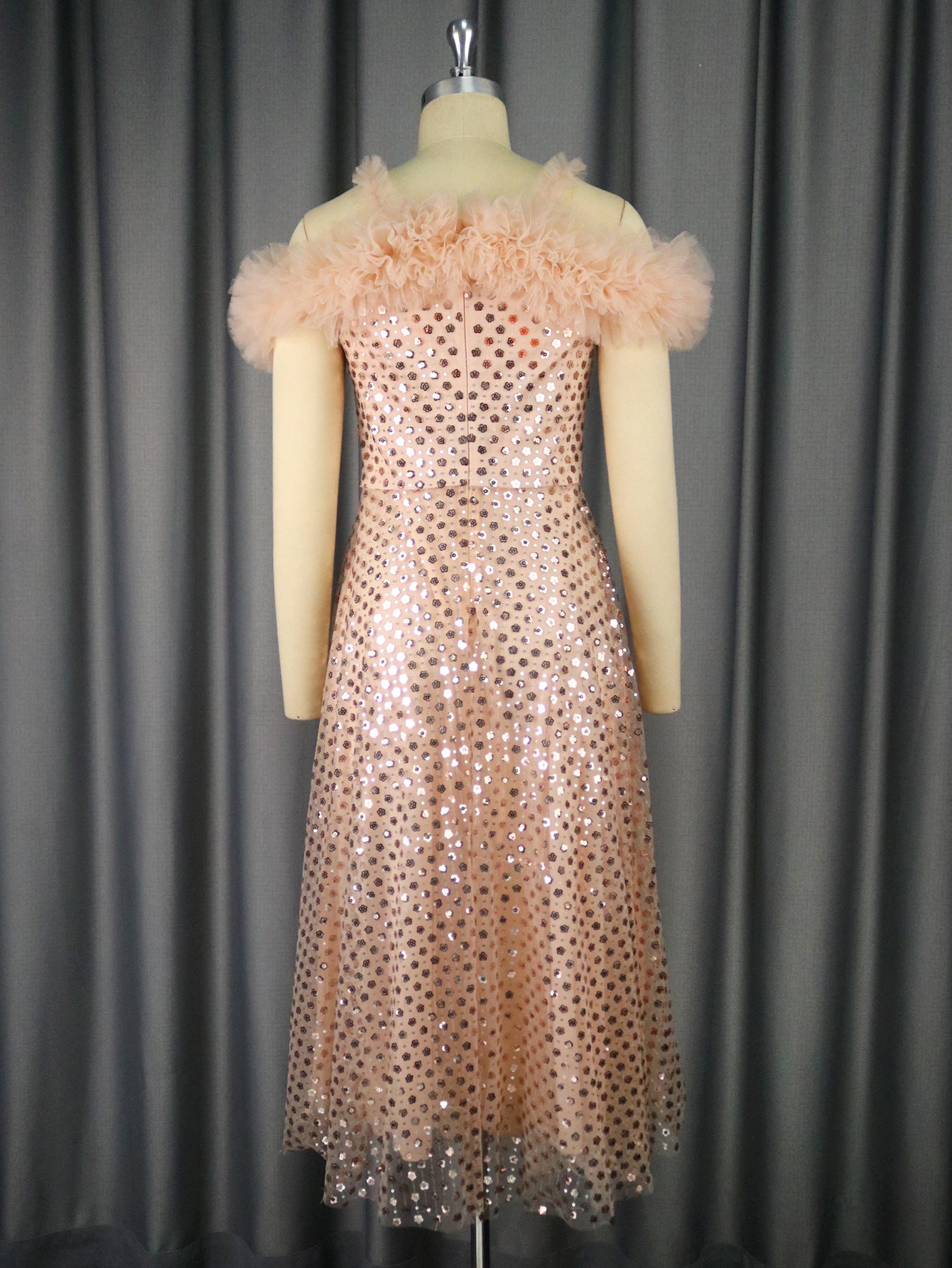 Sexy Off-Shoulder Strap Mesh Sequined A-Line Chic Formal Party Evening Dress 4