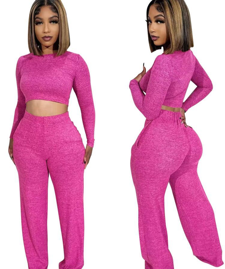 Women's Fashion Long Sleeve Crop Tops And Pants Casual Two Piece Set 10