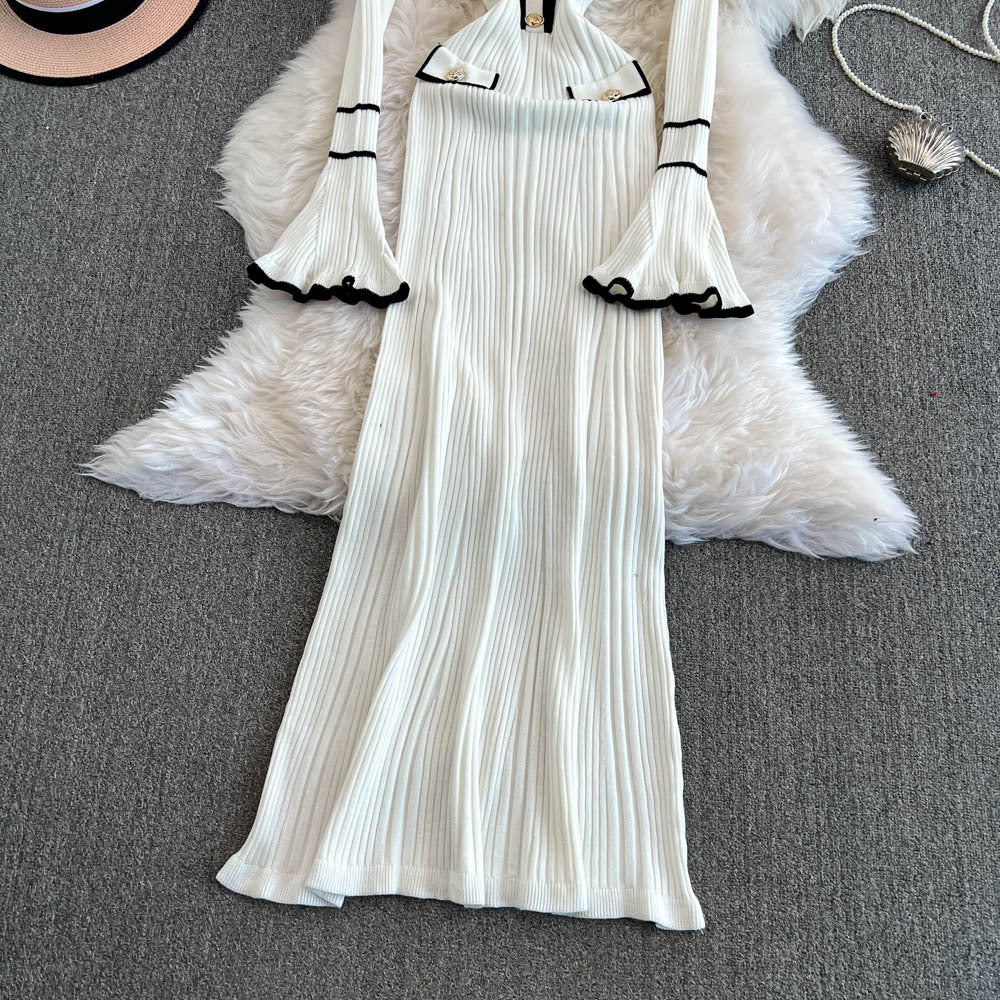 Winter Turndown Collar Knitting Dress Women Long Sleeve Fashion Chic Slim Waist Sweater Dress 20