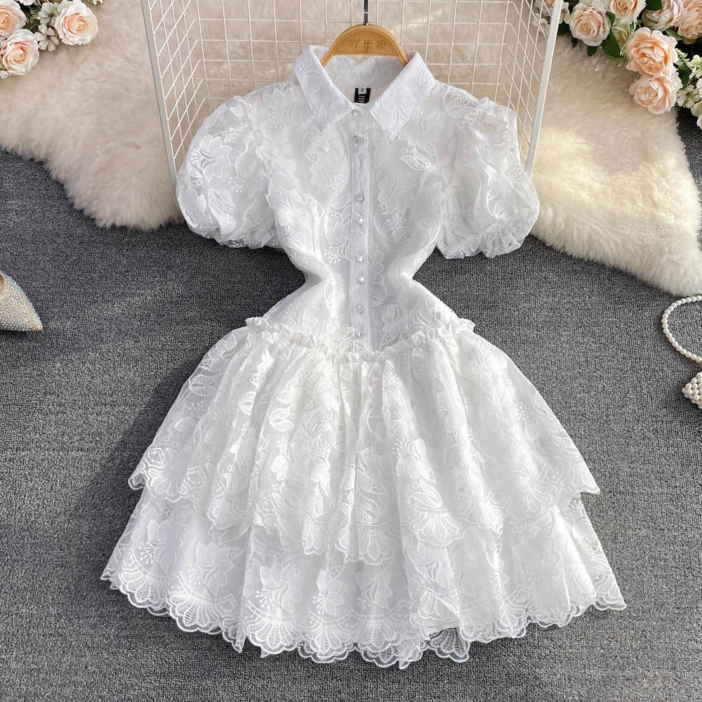 Summer Chic Turndown Collar Single-Breasted White Embroidered Puff Sleeve A-Line Layer Dress