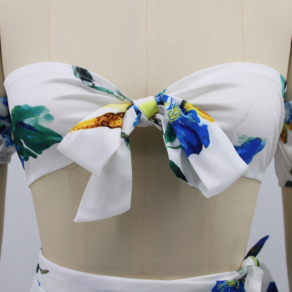 Women summer printed short-sleeved crop Top and slit Skirt sexy two-piece set 31