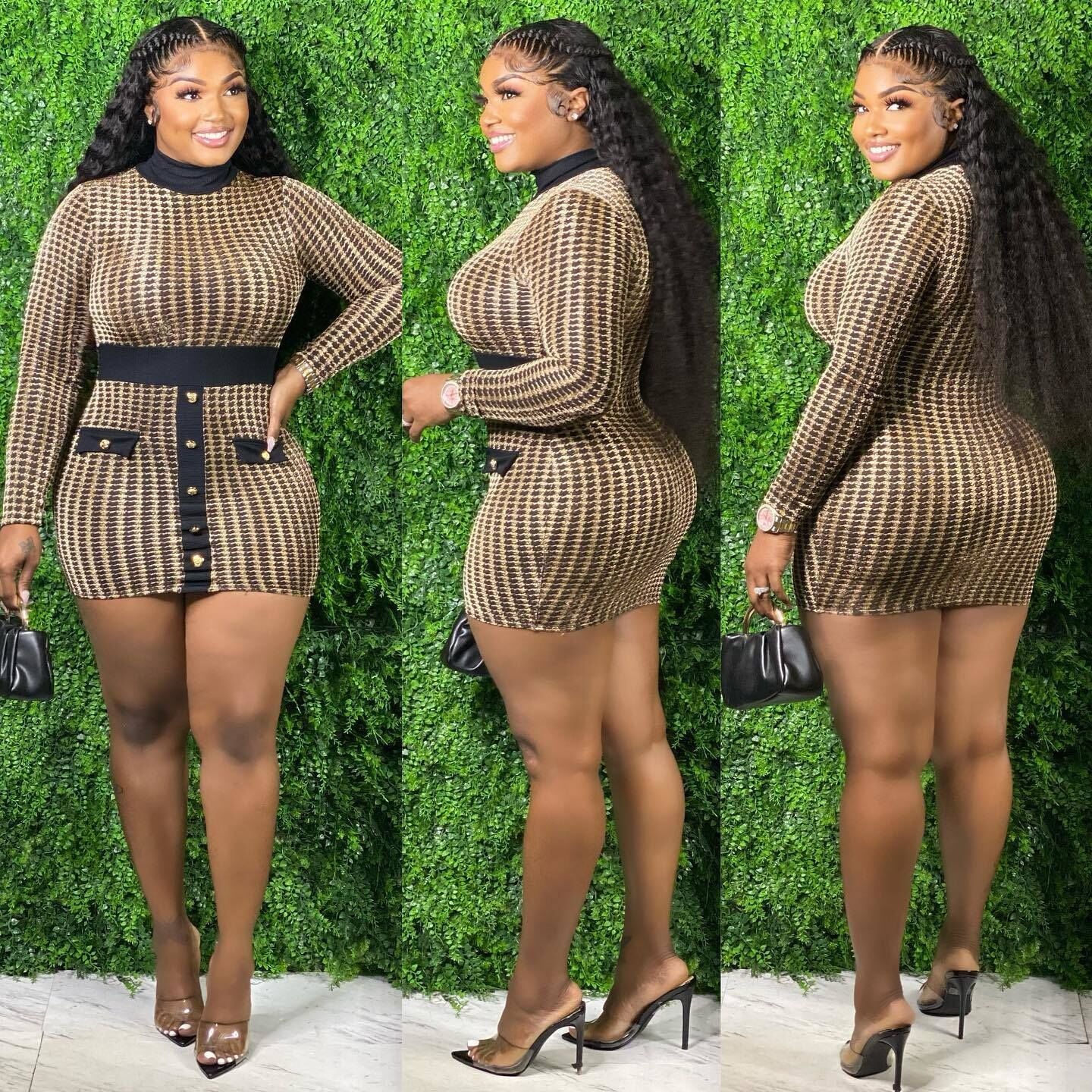 Women's Sexy Button Houndstooth Gold Thread Jacquard Long Sleeve Mini Slim Dress 6