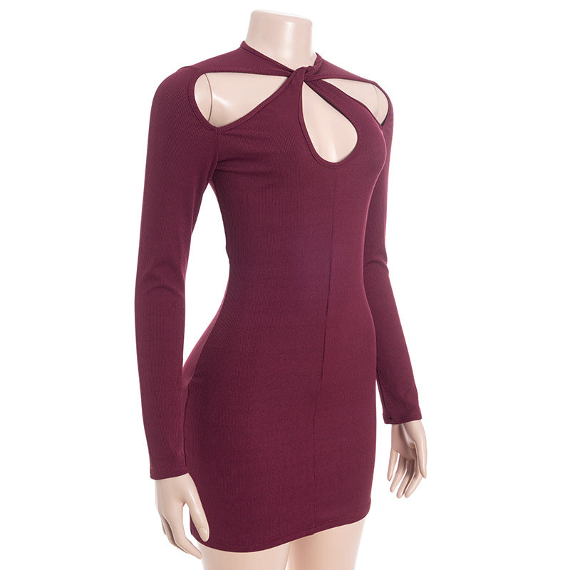 Women Round Neck Cut-Out Knot Long-Sleeved Solid Bodycon Dress 7