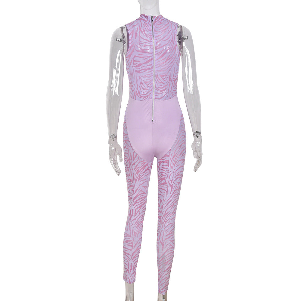 Sexy mesh flocking Patchwork hollow See-Through zipper jumpsuit for women 4