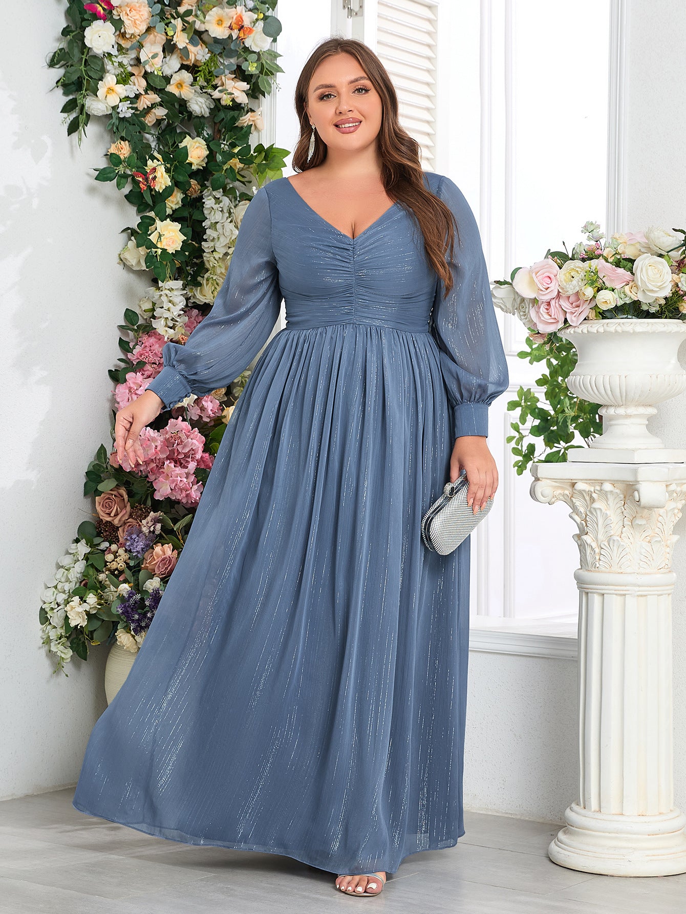 Plus Size Women Long Sleeve Double V-Neck Pleated Evening Dress 8