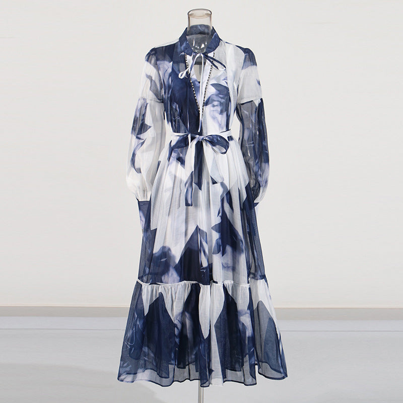 Women Vintage Paint Print Belt V-neck Long Sleeve Dress