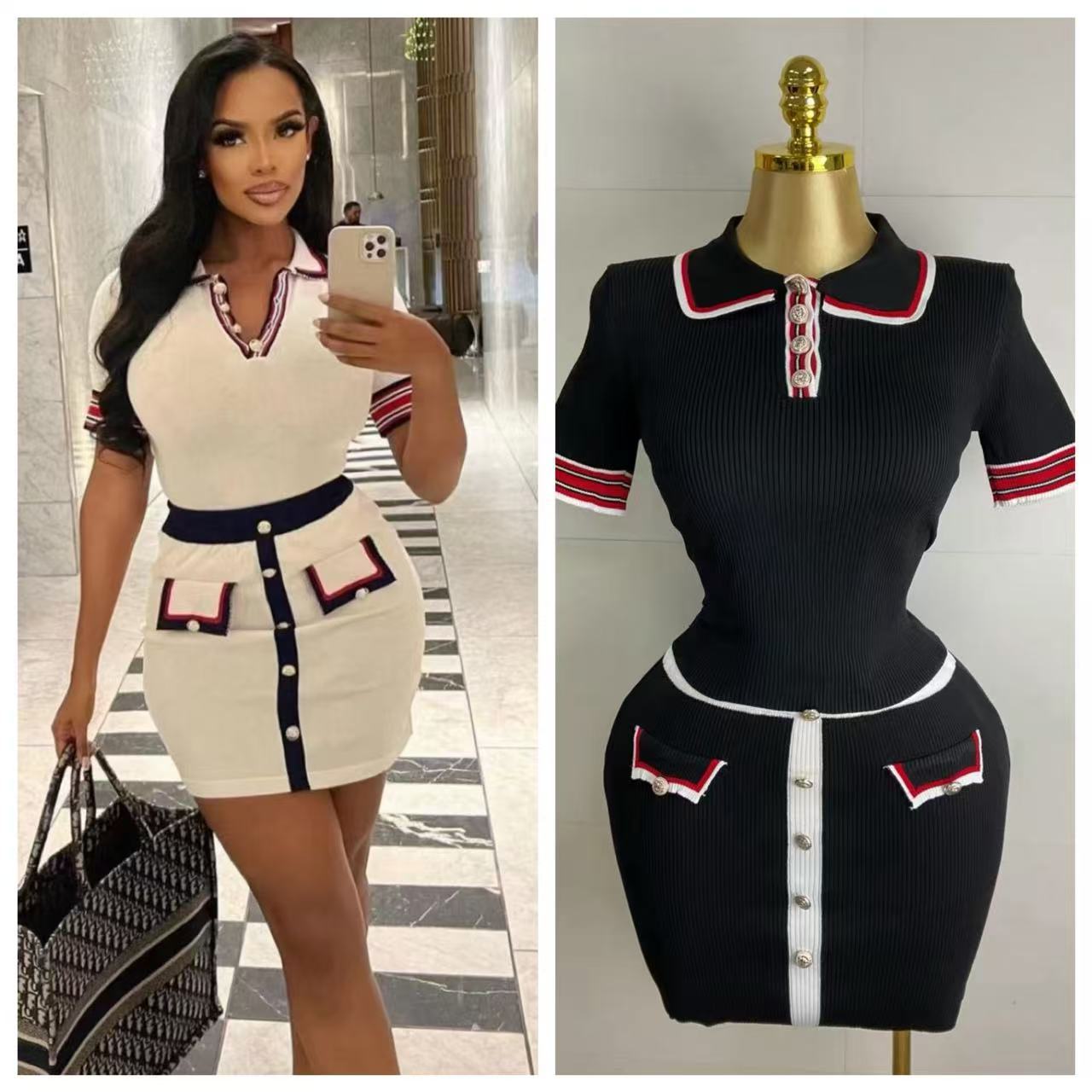 Women contrasting metal button knitting dress 4