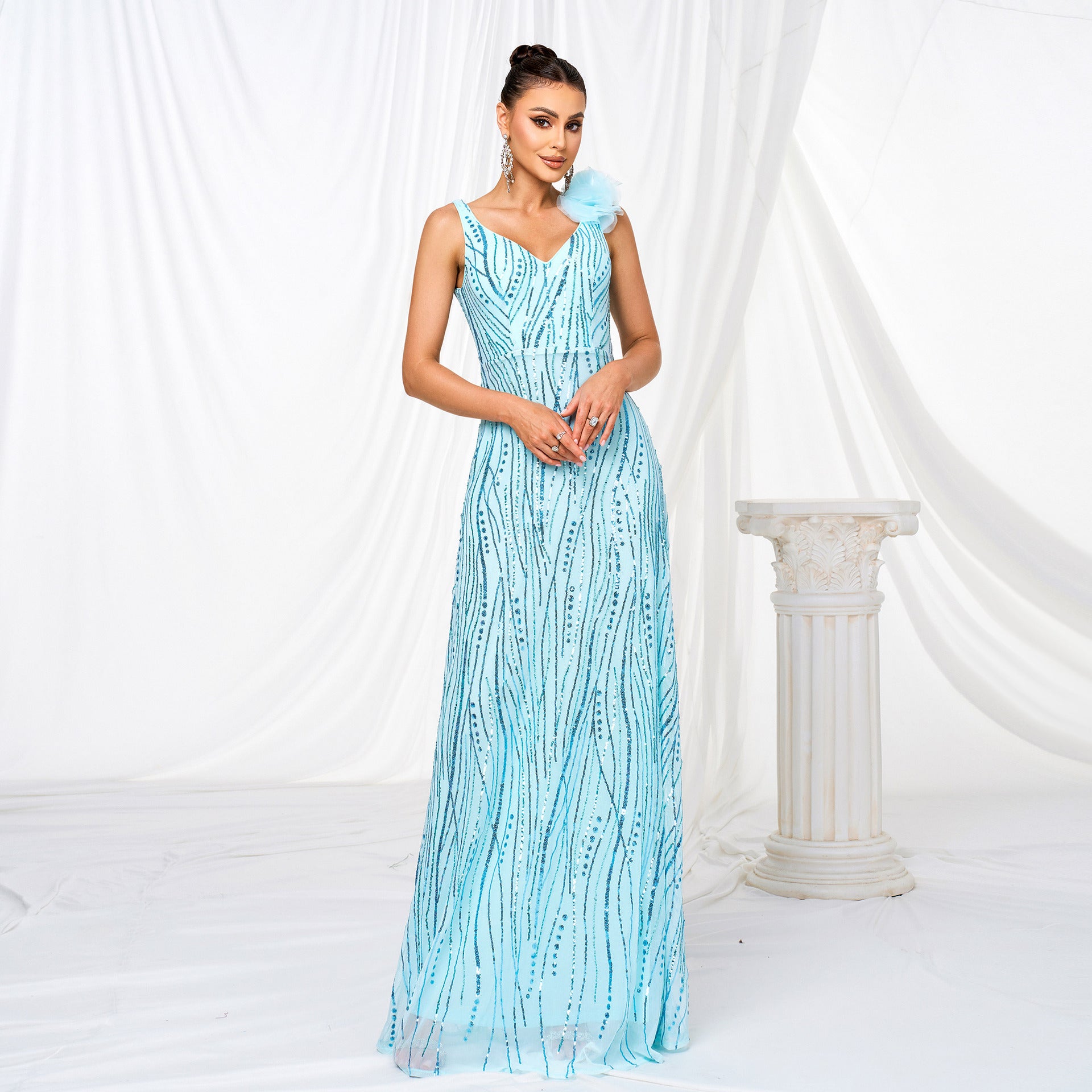 Women Sleeveless V-Neck Sequin Formal Party Evening dress 7