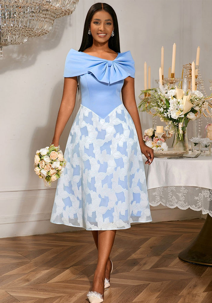 Elegant Bow Off-Shoulder Patchwork Blue Chiffon High-Waist Party Dress