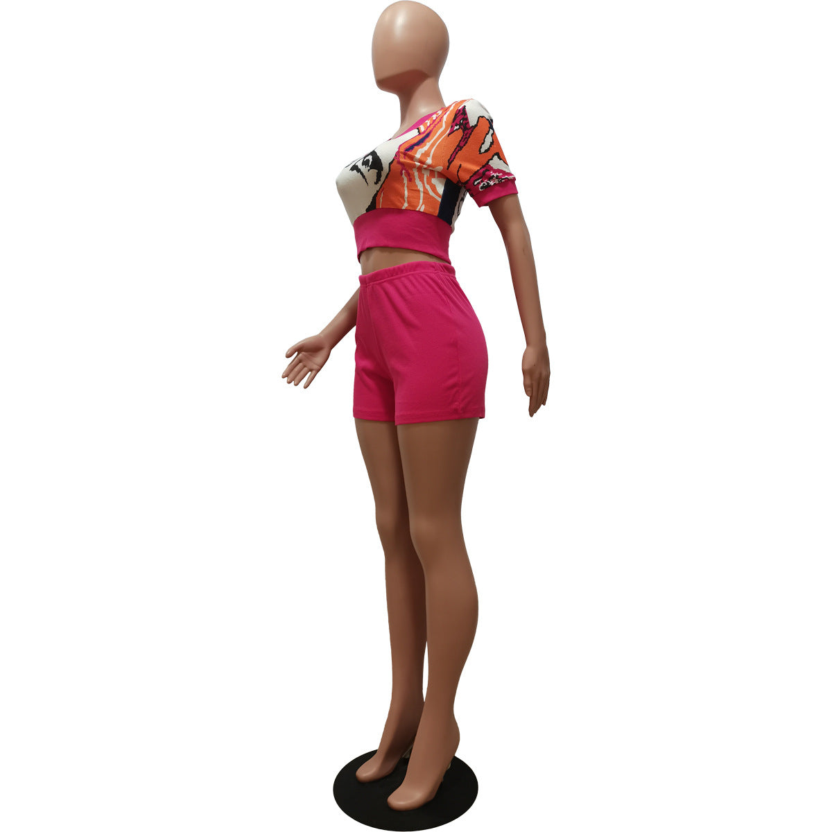 Women's Summer Print Heart Neck Slim Sport Casual Top + Shorts Set 14