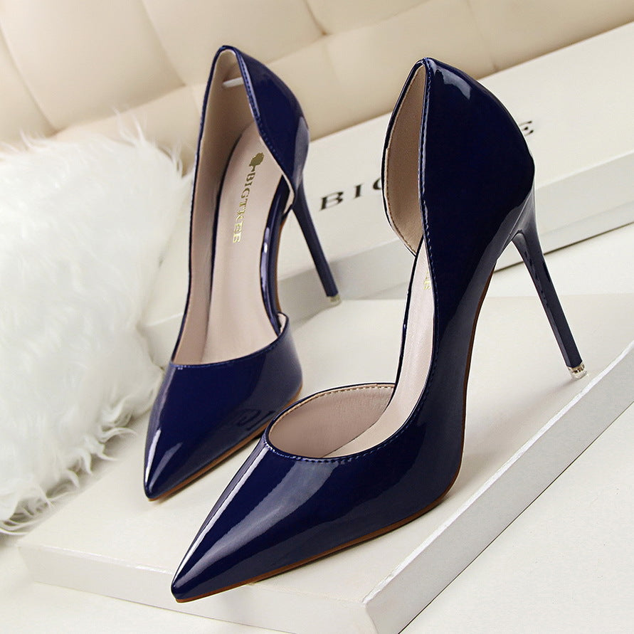 Fashionable High-Heeled Patent Leather Stiletto Shallow Mouth Pointed Toe Hollow Sexy High-Heeled Shoes 23
