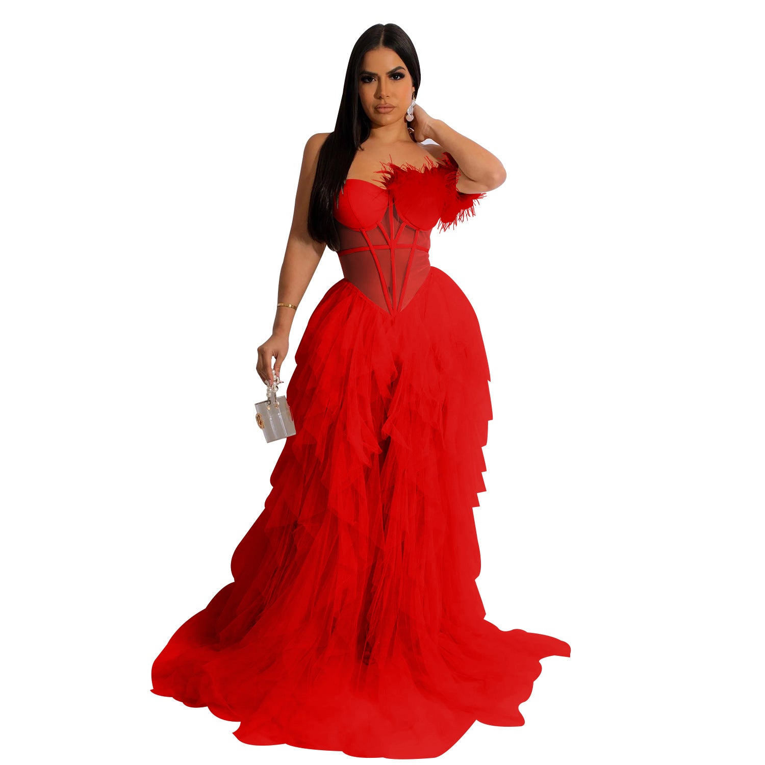Women'S Fashion Solid Color Sleeveless Wrapped Chest Mesh Maxi Dress 11