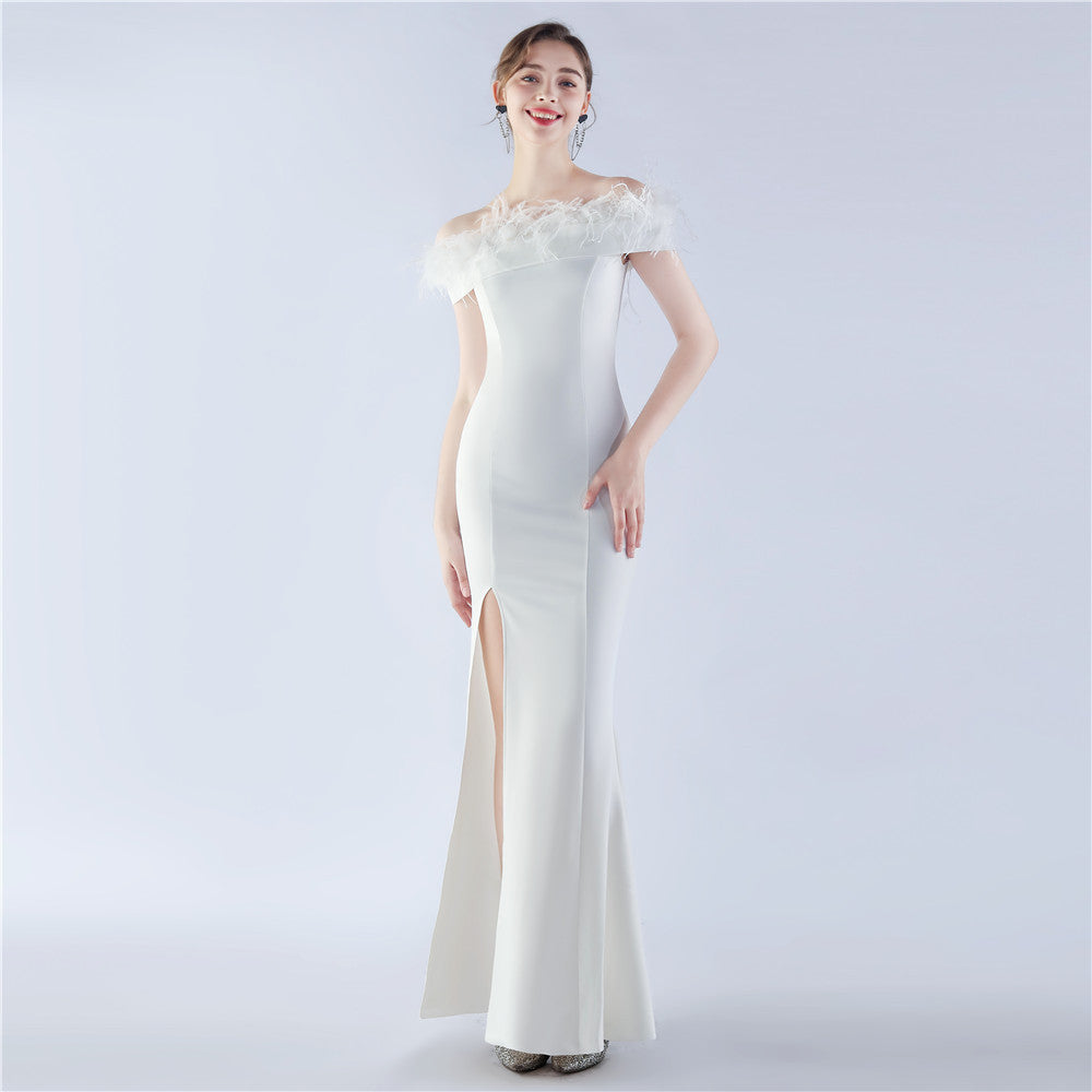 Women Ostrich Feather Off Shoulder Strapless Evening Dress 8