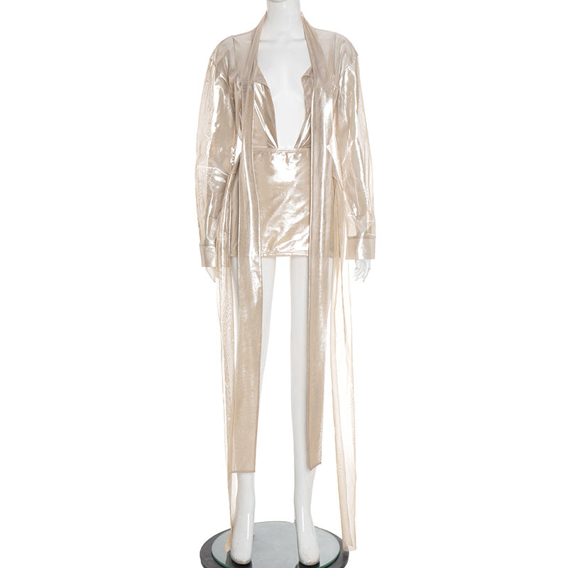 Women's Sexy Sheer Lace-Up Long Sleeve Top & Tight Fitting Bodycon Mini Skirt Two-Piece Set 8