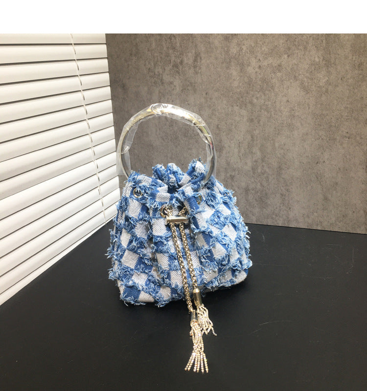 Women's Dinner Bag Flash Diamond Tassel Drawstring Satin Handheld Mini Bucket Bag Chain Messenger Bag 12
