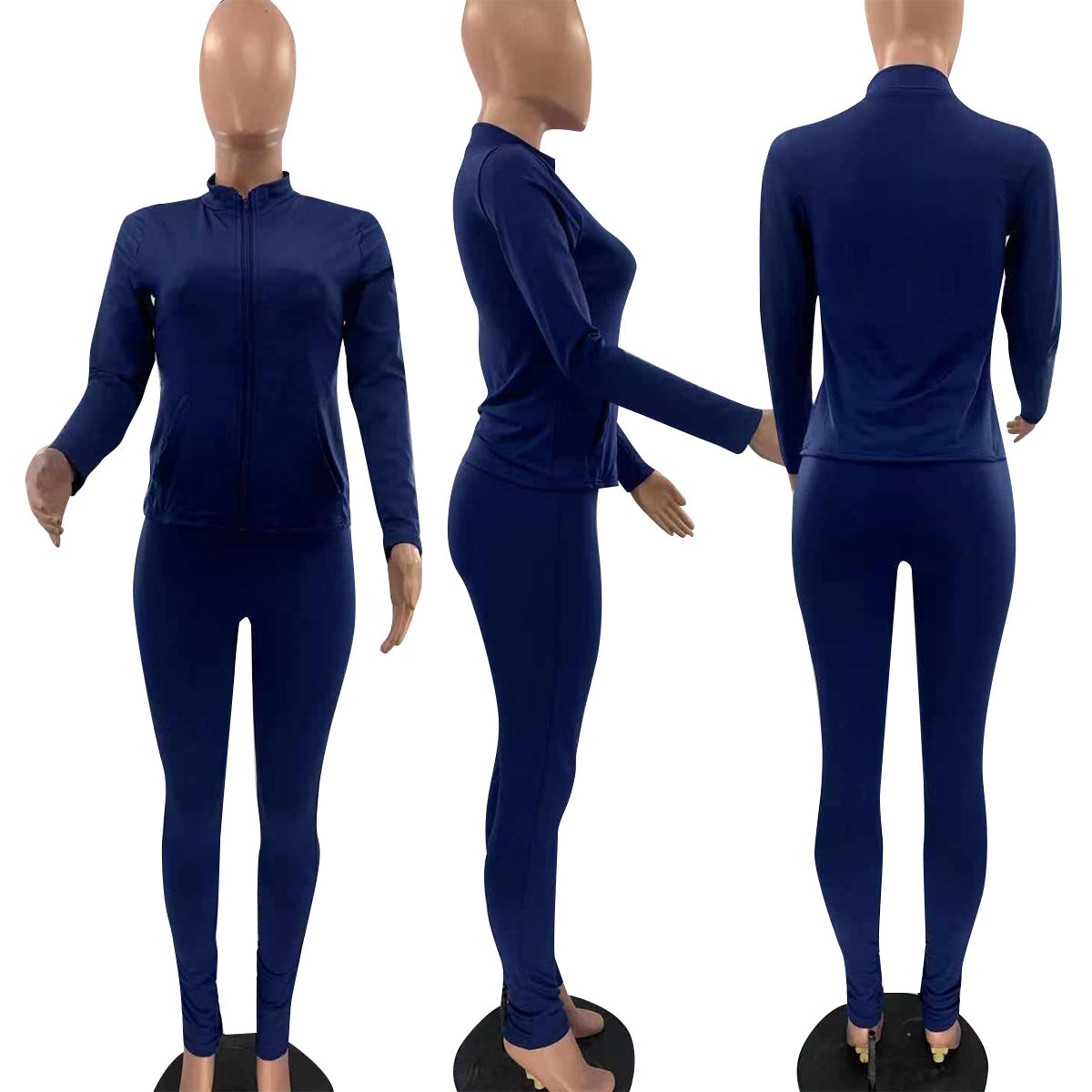 Women Casual Solid Long Sleeve Zip Top and Pant Two-Piece Set 30