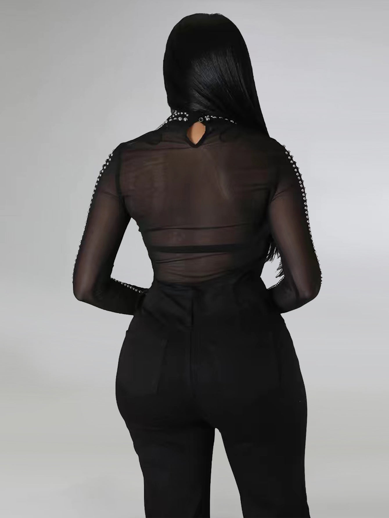 Black Transparent Mesh  Long-Sleeved Top Pants Sexy Nightclub Two-Piece Set 5