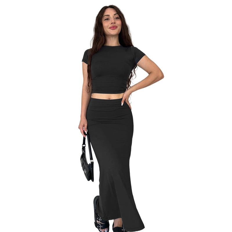 Summer Women's Fashion Casual Solid Color Round Neck Short Sleeve Top Long Skirt Set 7