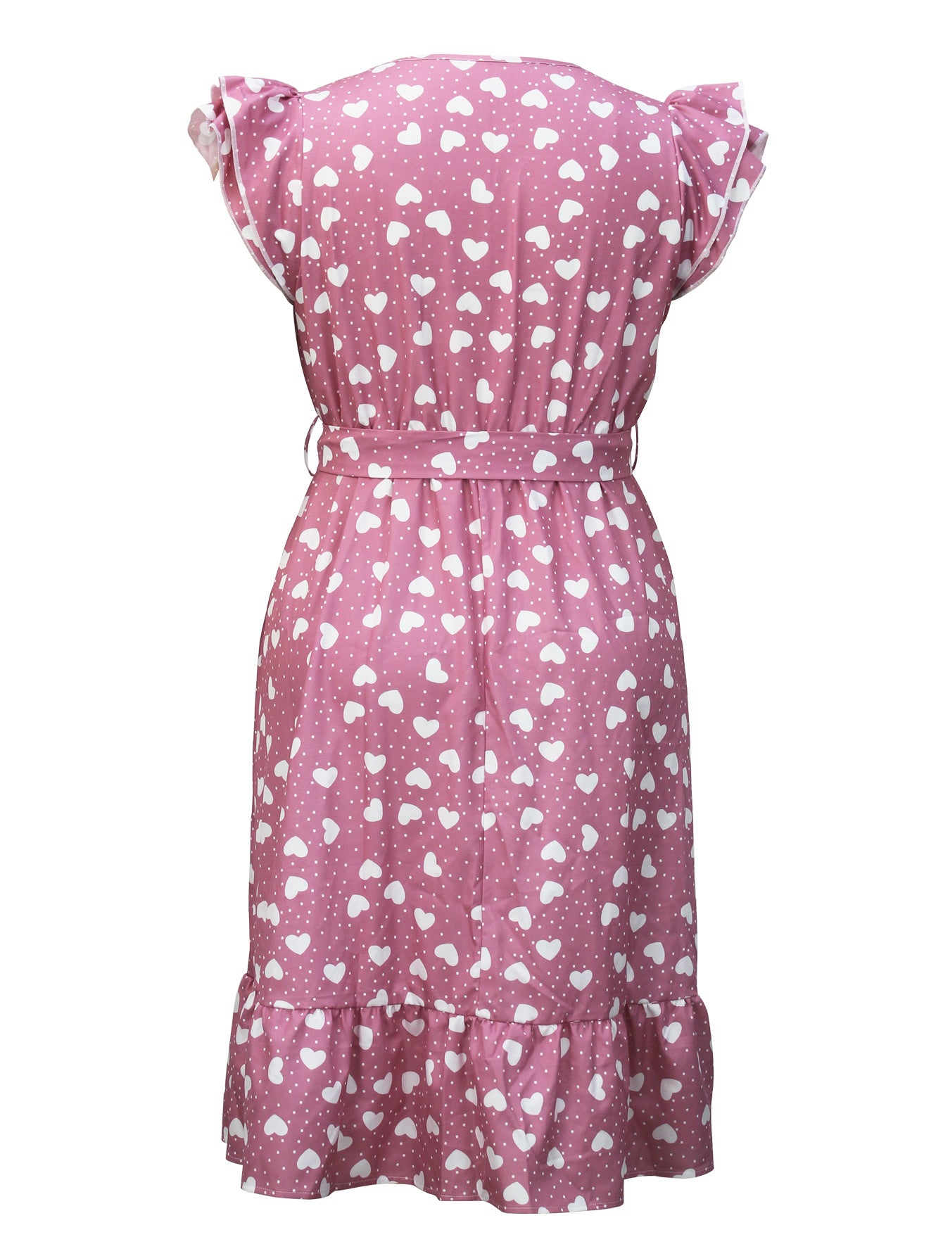 Women's Plus-Size Fashion Elegant Round-Neck Belted Heart Print Flying Sleeves Dress 7
