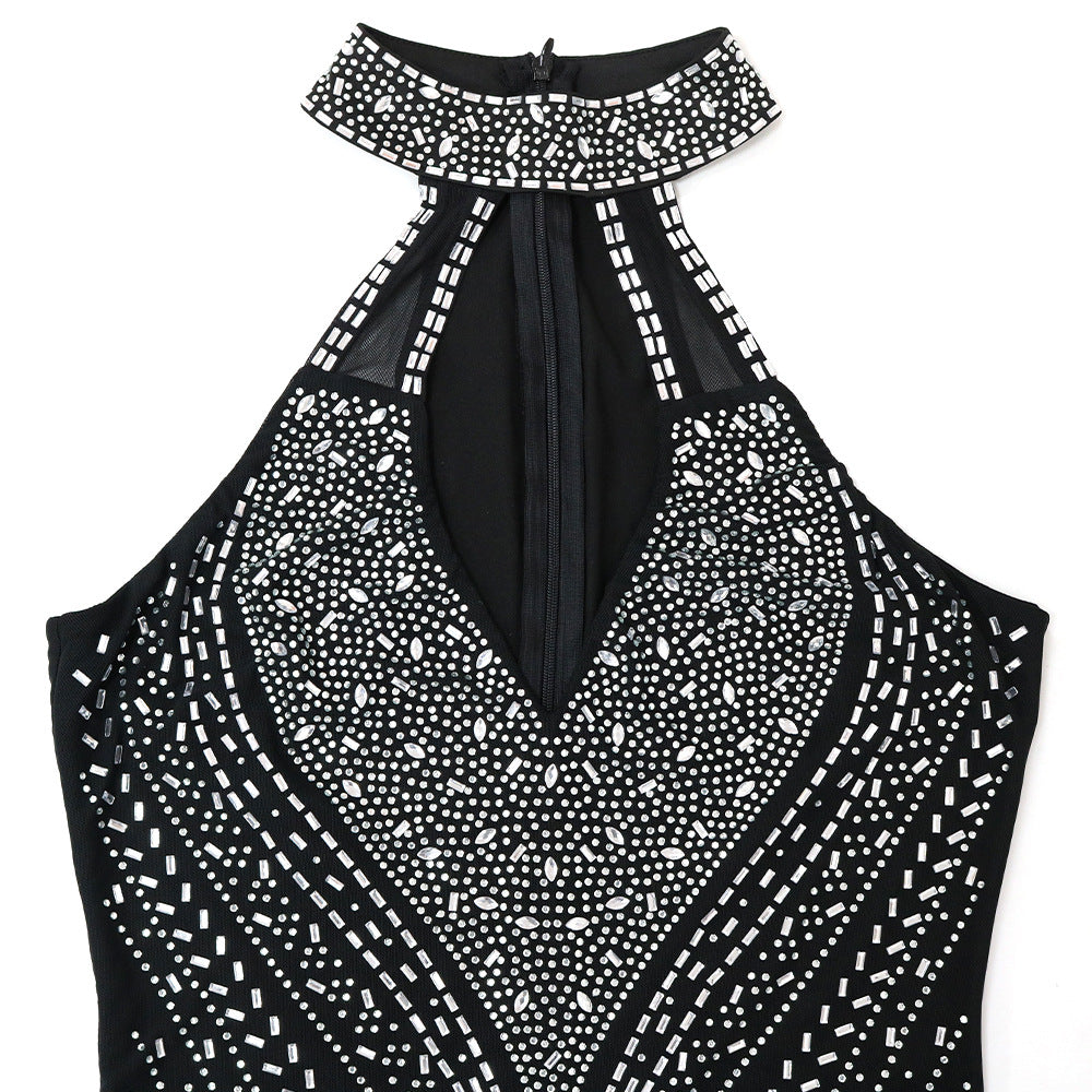 Sexy Cutout Beaded Sexy See-Through Zippered Jumpsuit Slim Fit Sleeveless Trousers 15