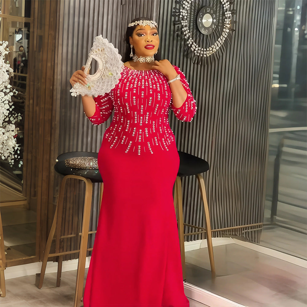 African Plus Size Women's Fashion Beaded Gown Solid Color Dress 3