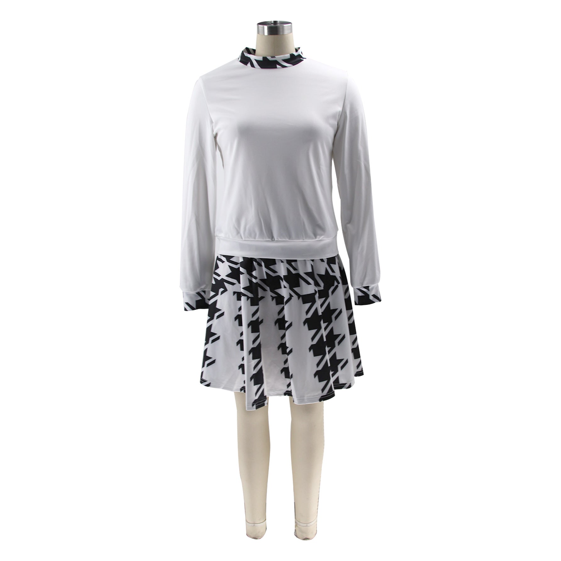 Women Casual Houndstooth Print Long Sleeve Top and Mini Skirt Two-piece Set 10