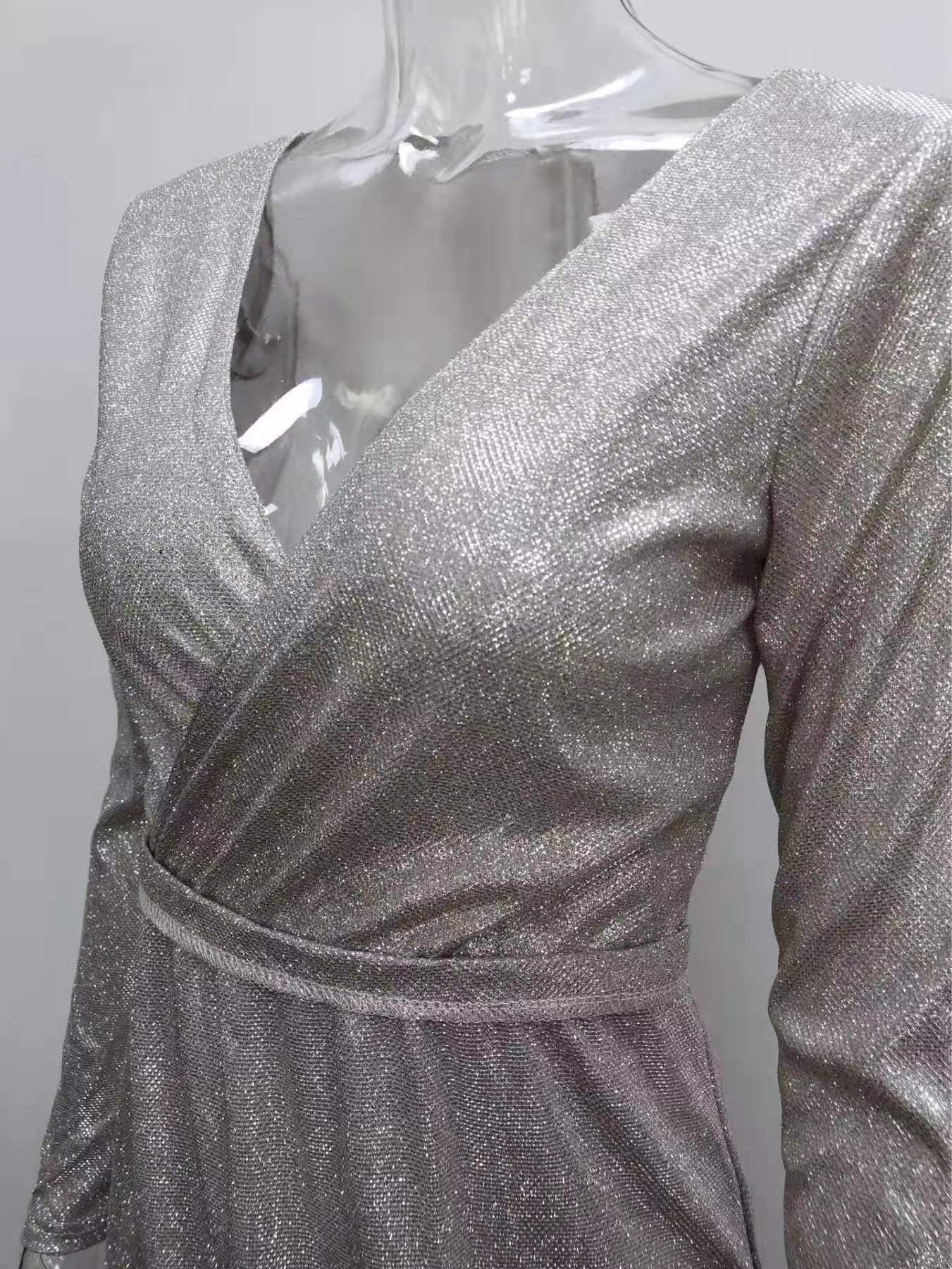Women Shiny long-sleeved V-neck sparkling evening sexy dress 35