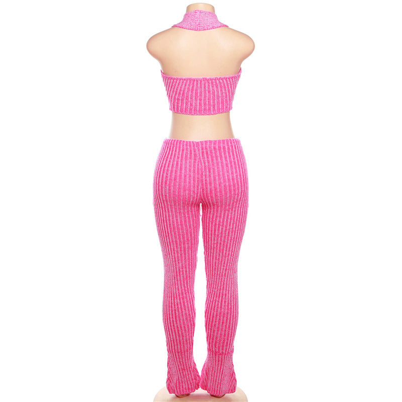 Women Autumn Sexy Knitting Top High Waist Bell Bottom Casual Pants Set 12