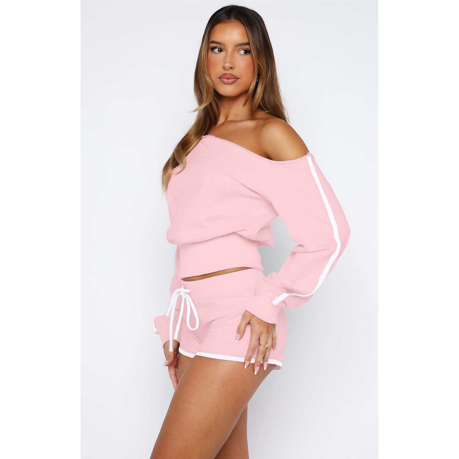Women's Casual Slash Shoulder Long Sleeve Top Drawstring Shorts Two-Piece Set 68