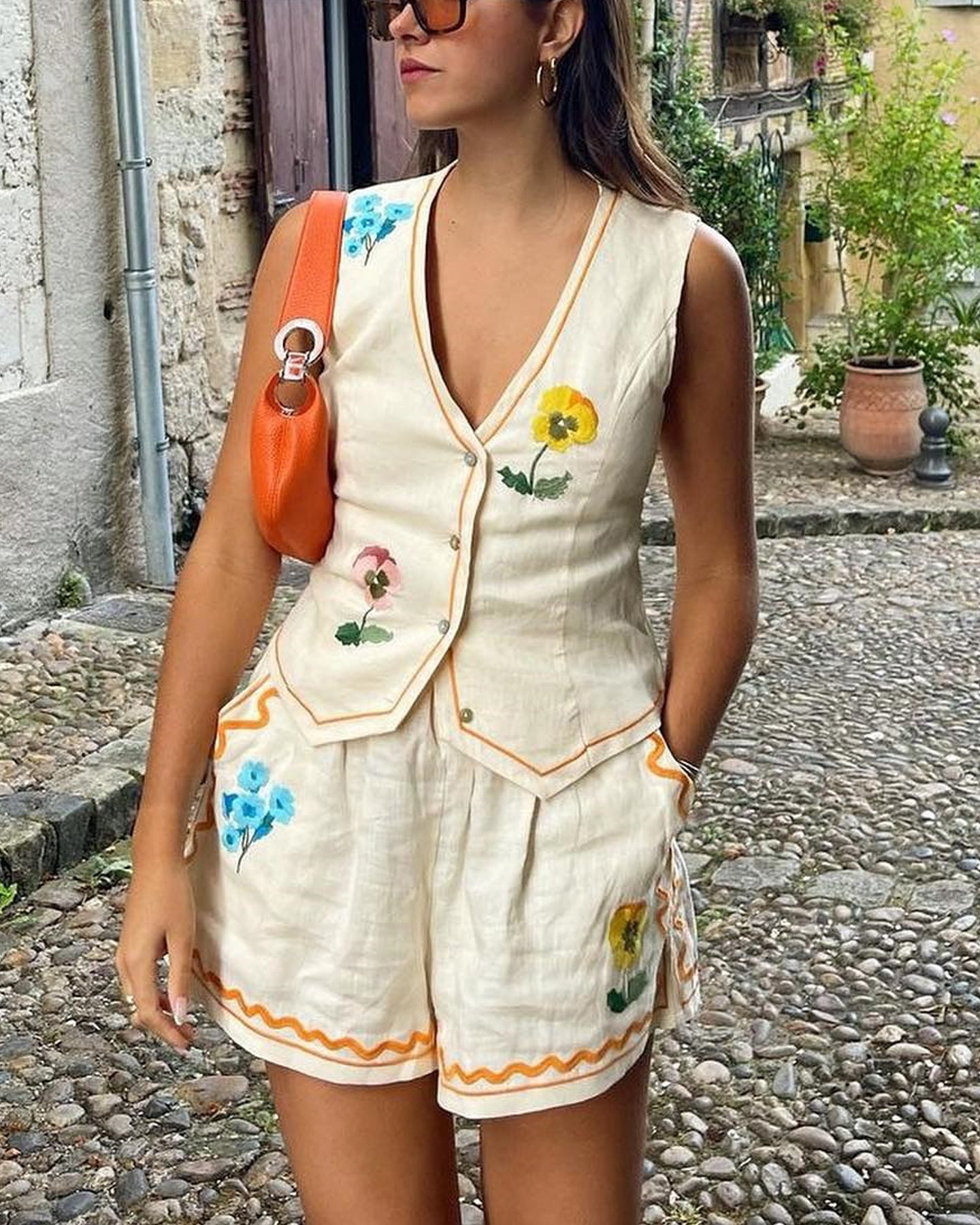 Spring Summer Sleeveless Printed Vest Shorts Set Casual Loose Holidays Two-Piece Set 3