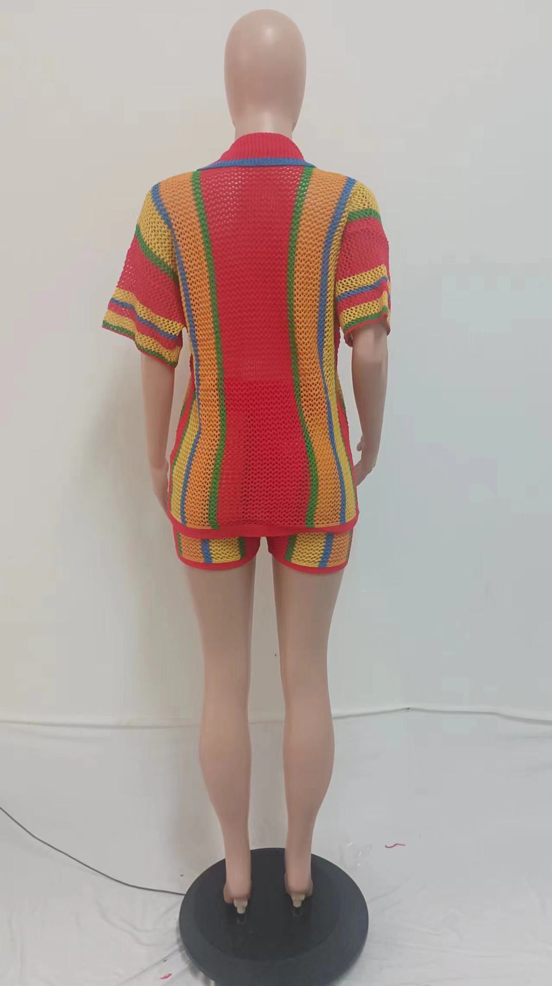 Women's Sexy Hollow See-Through Turndown Collar Knitting Two Piece Shorts Set 22