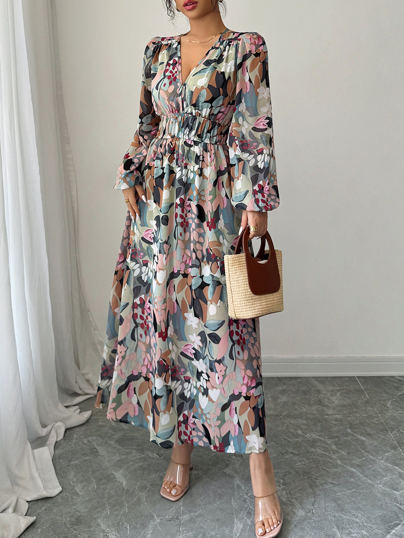 Spring/Summer Women's Chic Elegant Print V-Neck Slim Waist Dress 5