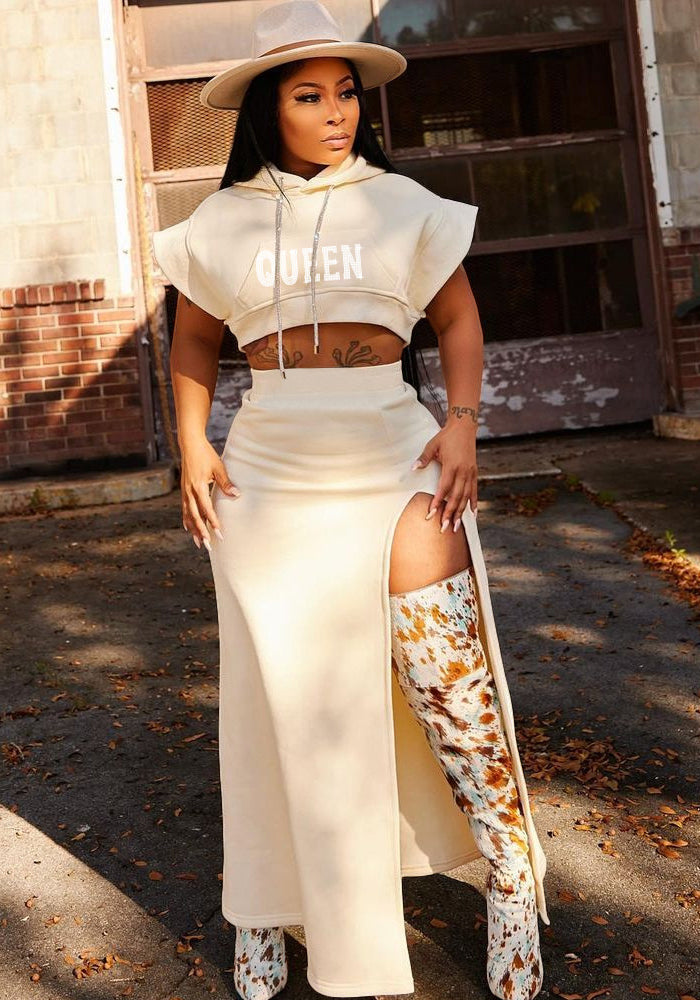 Plus Size Casual Women'S Beaded Short Sleeve Hoodies Slit Maxi Skirt Two-Piece Set